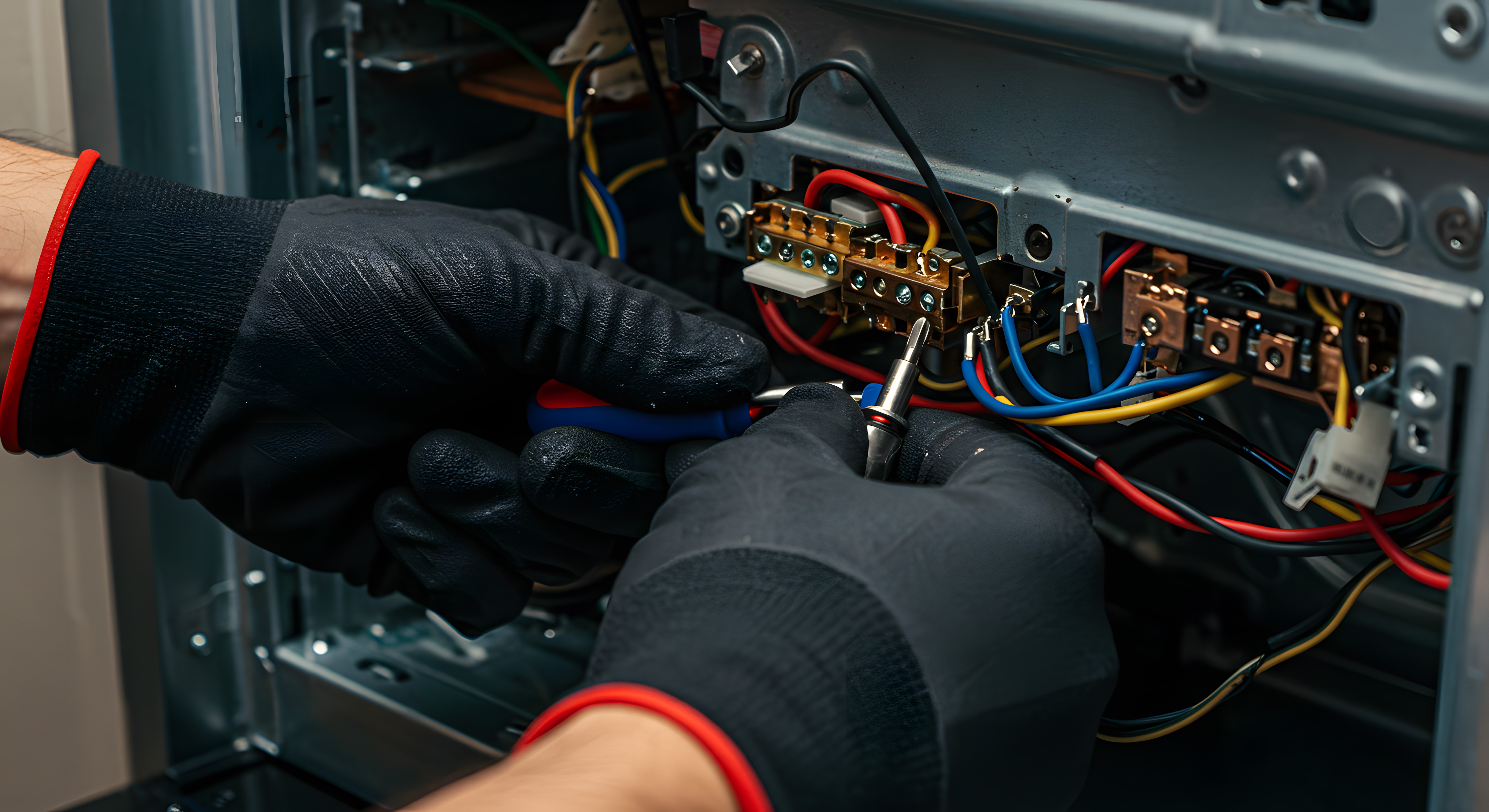Close-up of hands in black gloves working on electrical wiring i A technician wearing black gloves is carefully adjusting electrical connections within a complex system, highlighting precision and technical work.